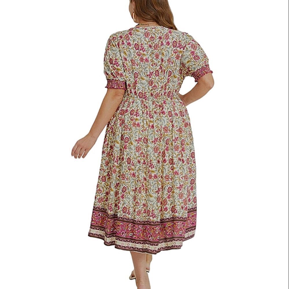 Blooomchic Bandana Print Surplice Neck Pocket Shirred Puff Sleeve Dress … - Picture 2 of 10